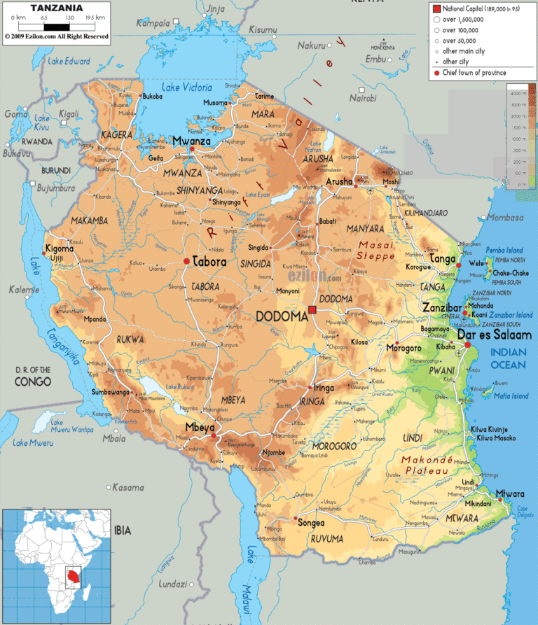 Bản đồ tự nhiên Tanzania khổ lớn