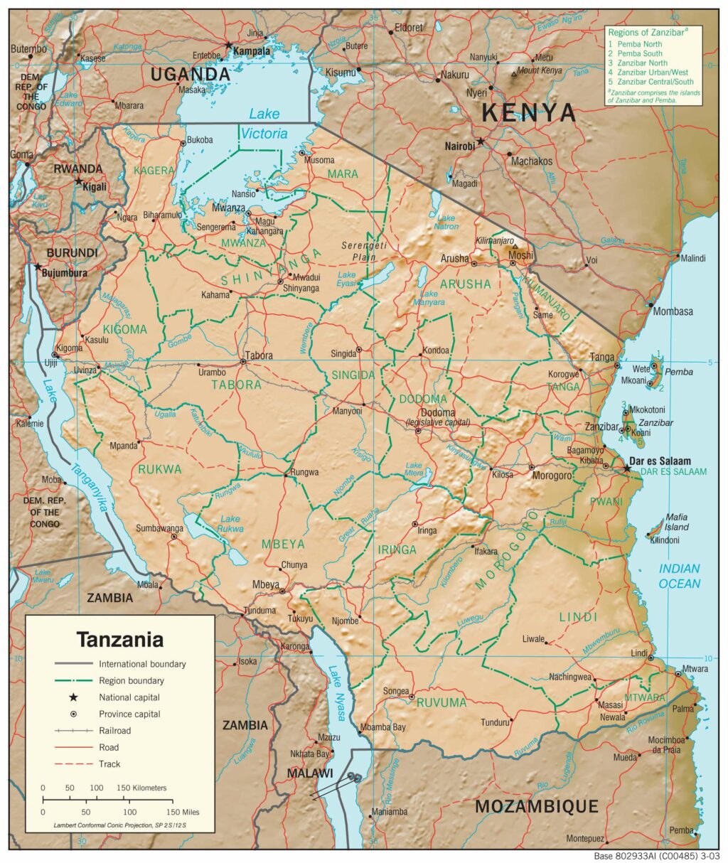 Bản đồ vật lý Tanzania