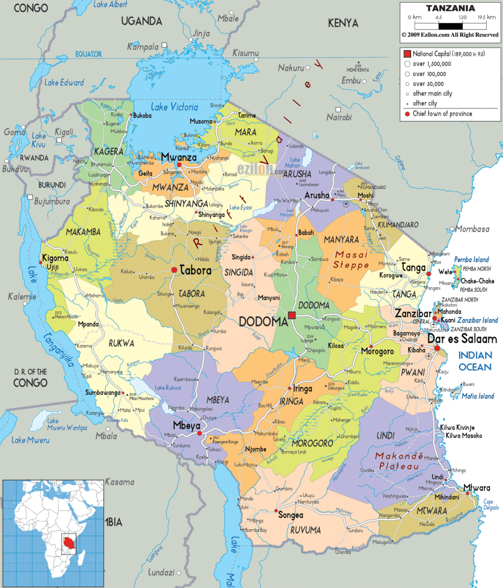Tanzania political map.