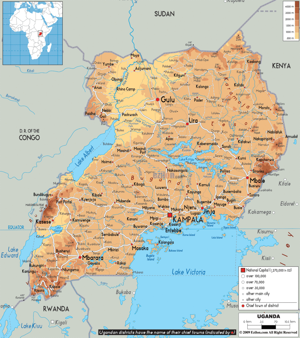 Uganda physical map.