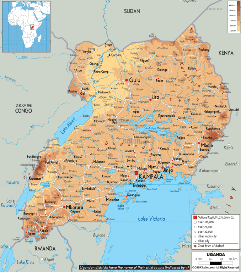 Bản đồ tự nhiên Uganda khổ lớn