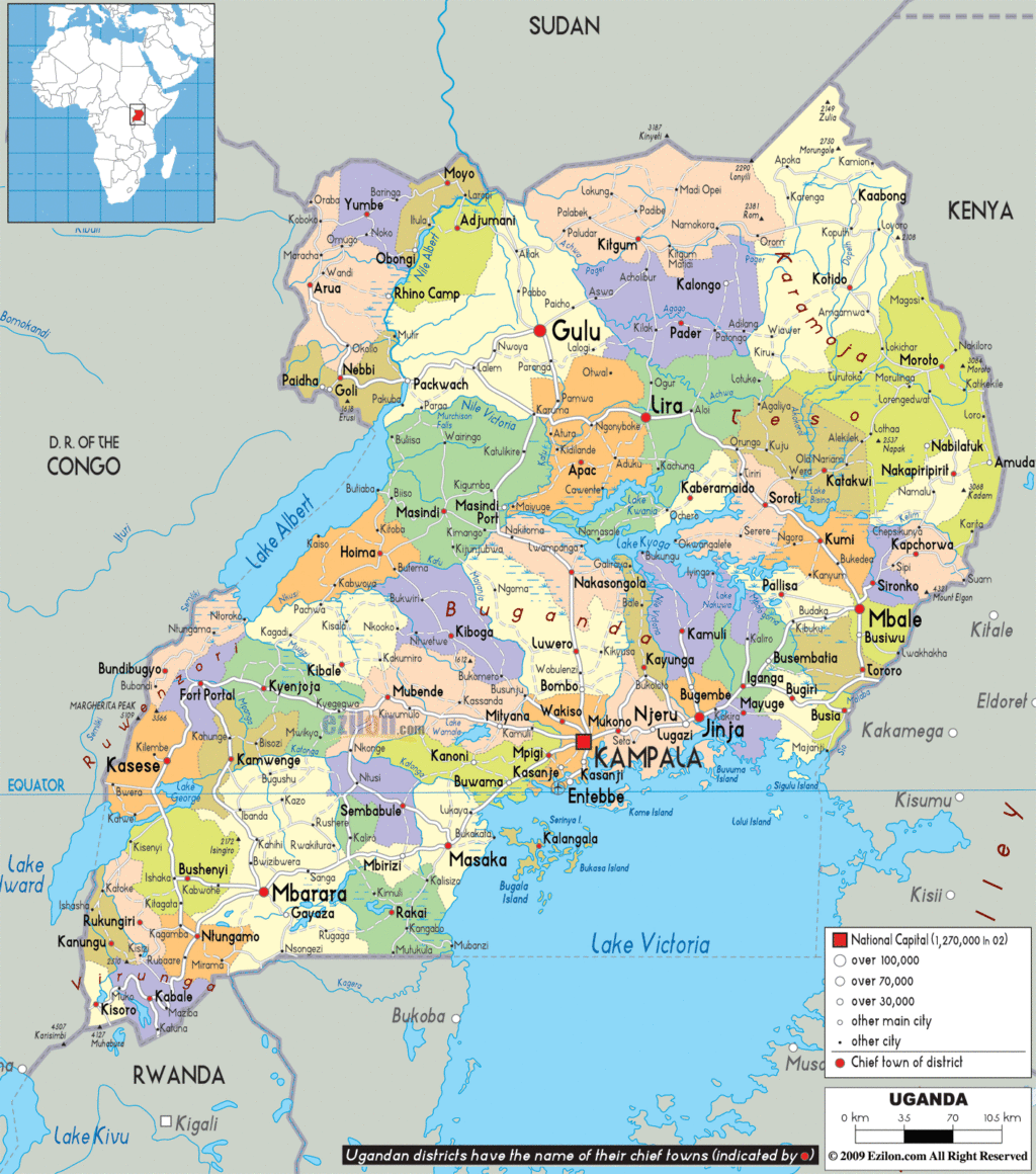Uganda political map.