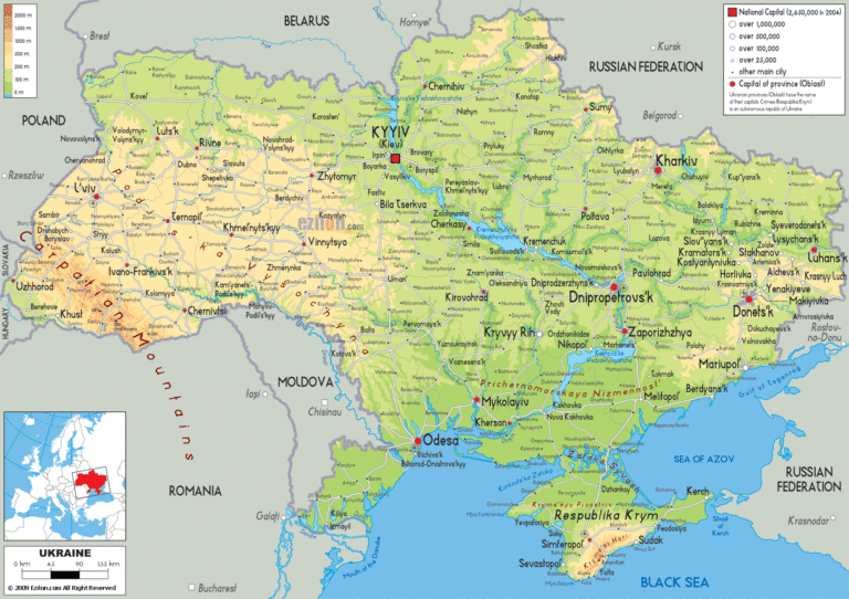Bản đồ tự nhiên Ukraine khổ lớn