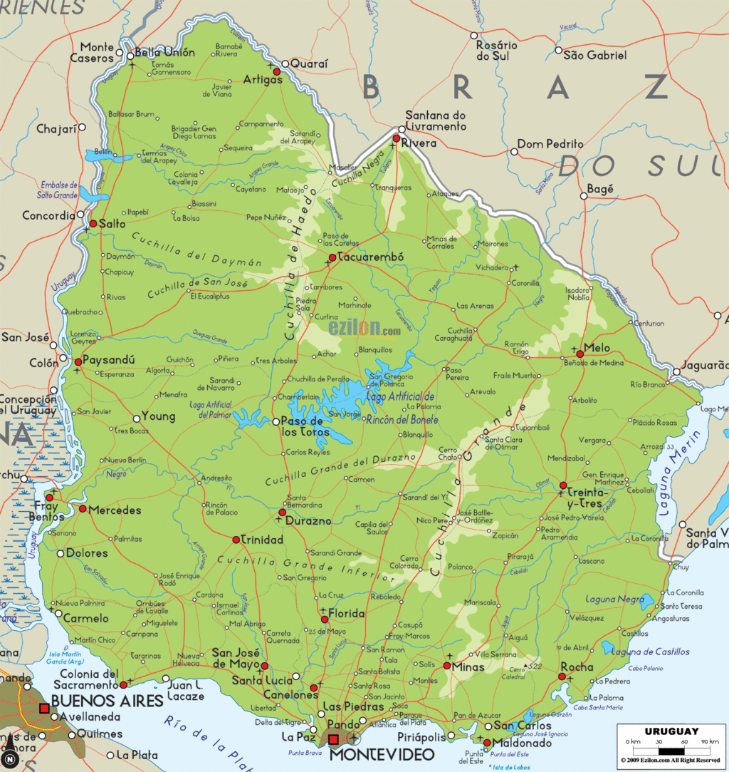 Uruguay physical map.