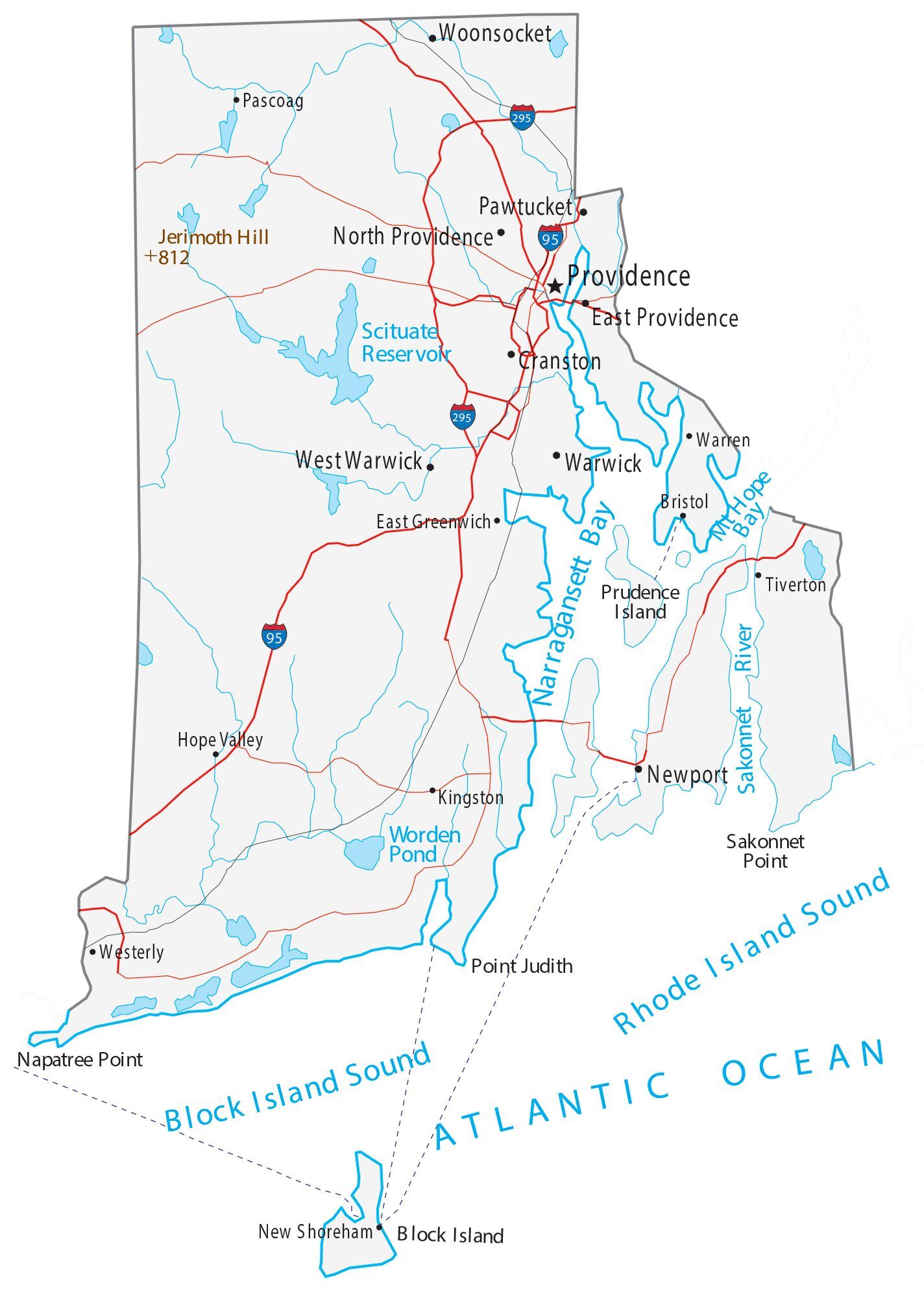 Rhode Island Map - Roads & Cities