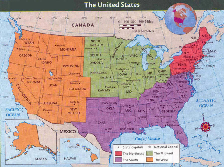 Bản đồ phân chia 4 vùng địa lý của Mỹ