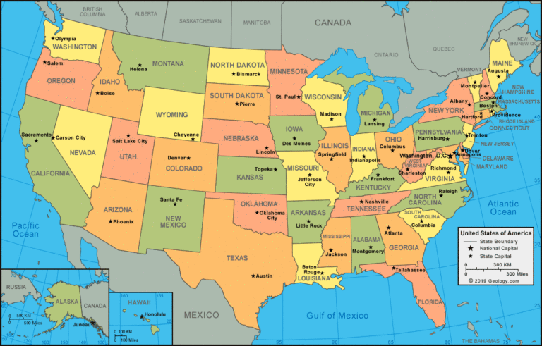 Bản đồ 50 bang kèm tên thủ phủ mỗi bang