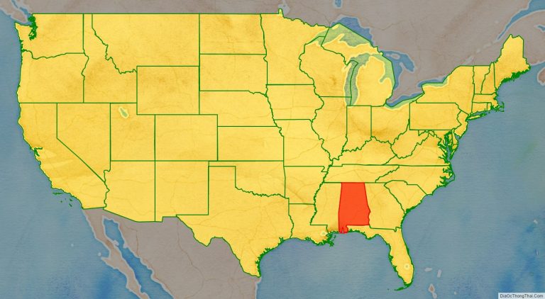Bản đồ vị trí tiểu bang Alabama trên bản đồ nước Mỹ