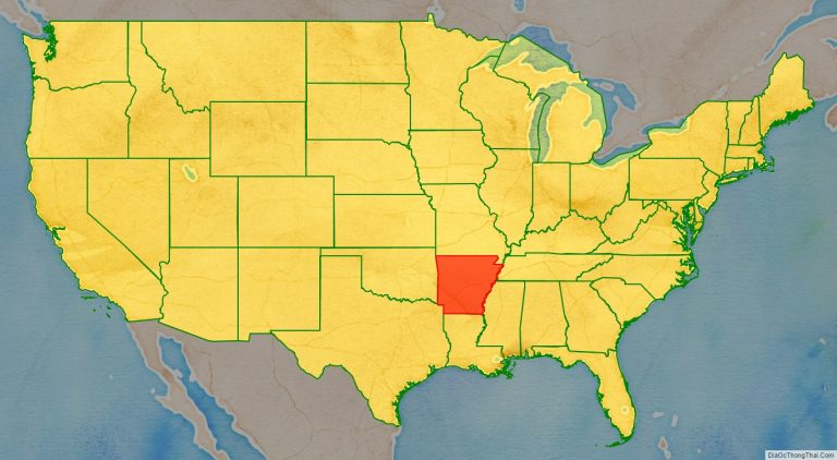 Bản đồ vị trí tiểu bang Arkansas trên bản đồ nước Mỹ