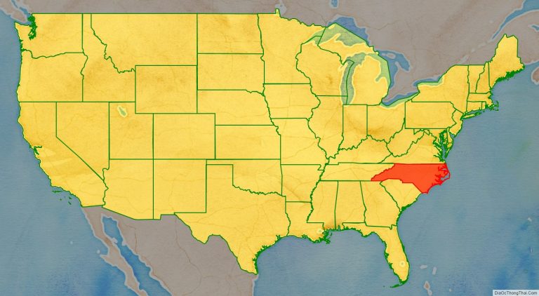 Bản đồ vị trí tiểu bang Bắc Carolina trên bản đồ nước Mỹ