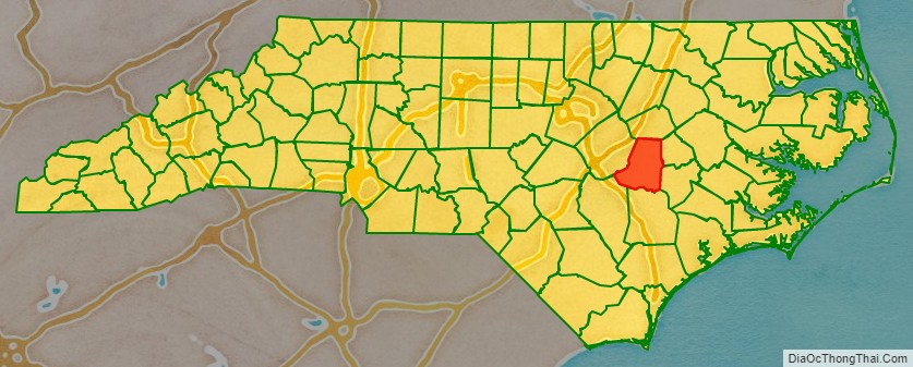 Wayne County location map in North Carolina State.