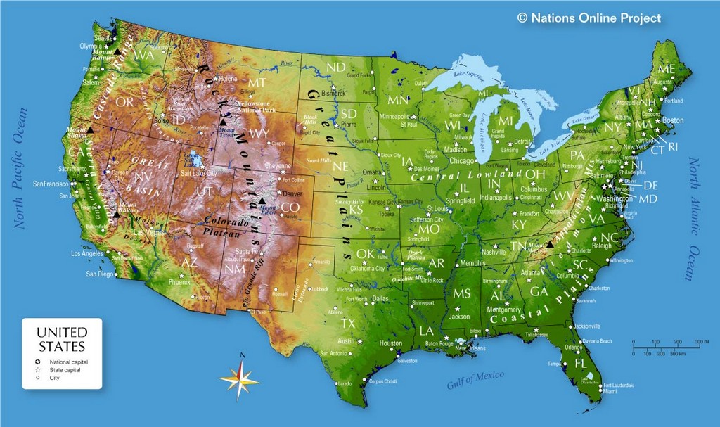 Physical map of the contiguous United States.