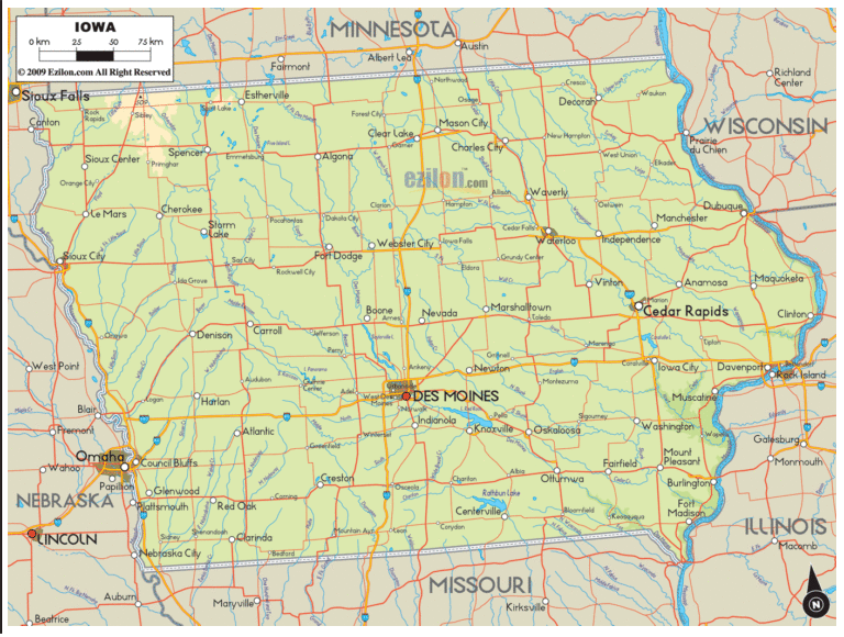 Bản đồ địa lý bang Iowa