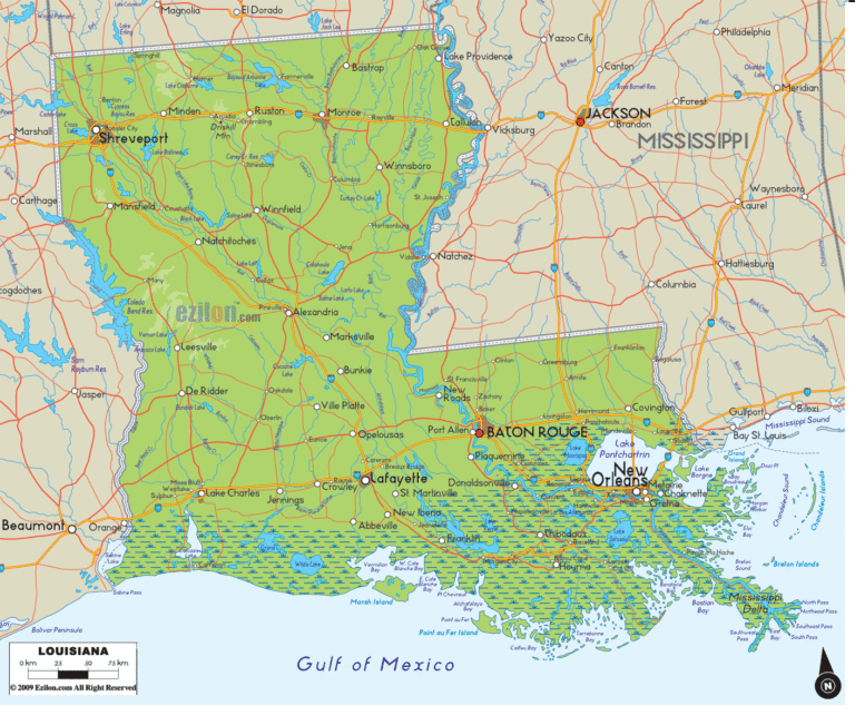 Bản đồ địa lý bang Louisiana
