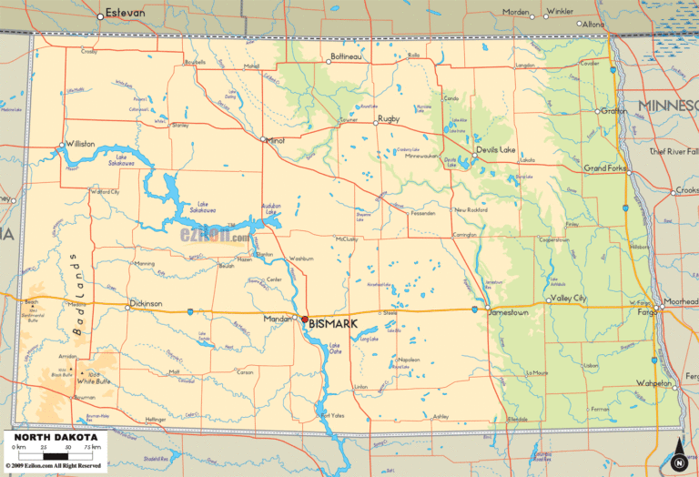 Bản đồ địa lý bang Bắc Dakota