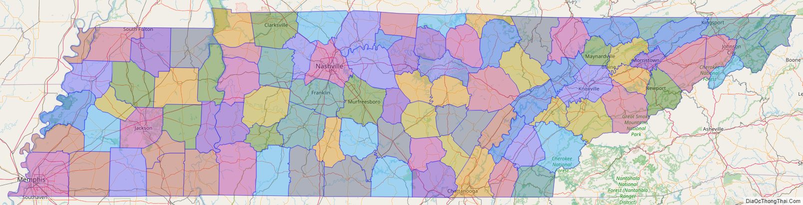 Printable - Large Scale Political Map of Tennessee
