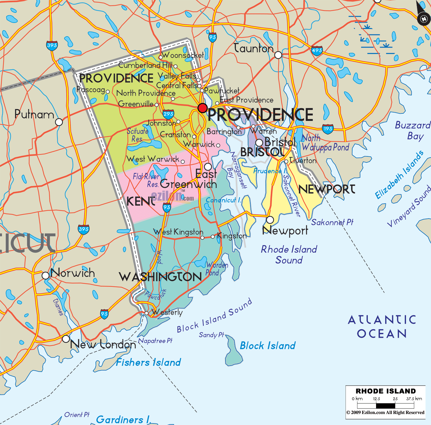 Rhode Island county map with county name
