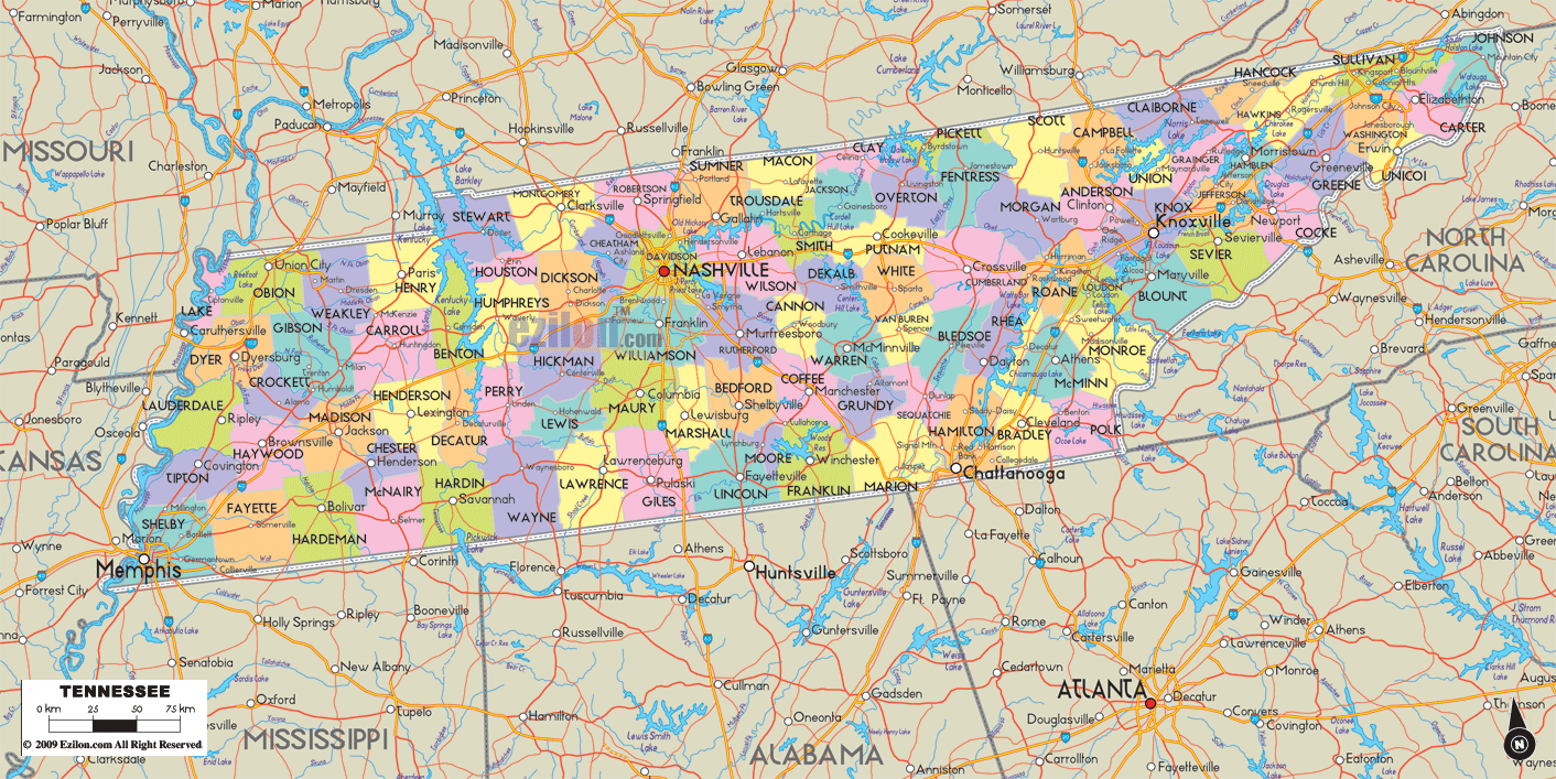 Detailed large political map of Tennesseeshowing cities, towns, counties, roads, US highways and State routes.