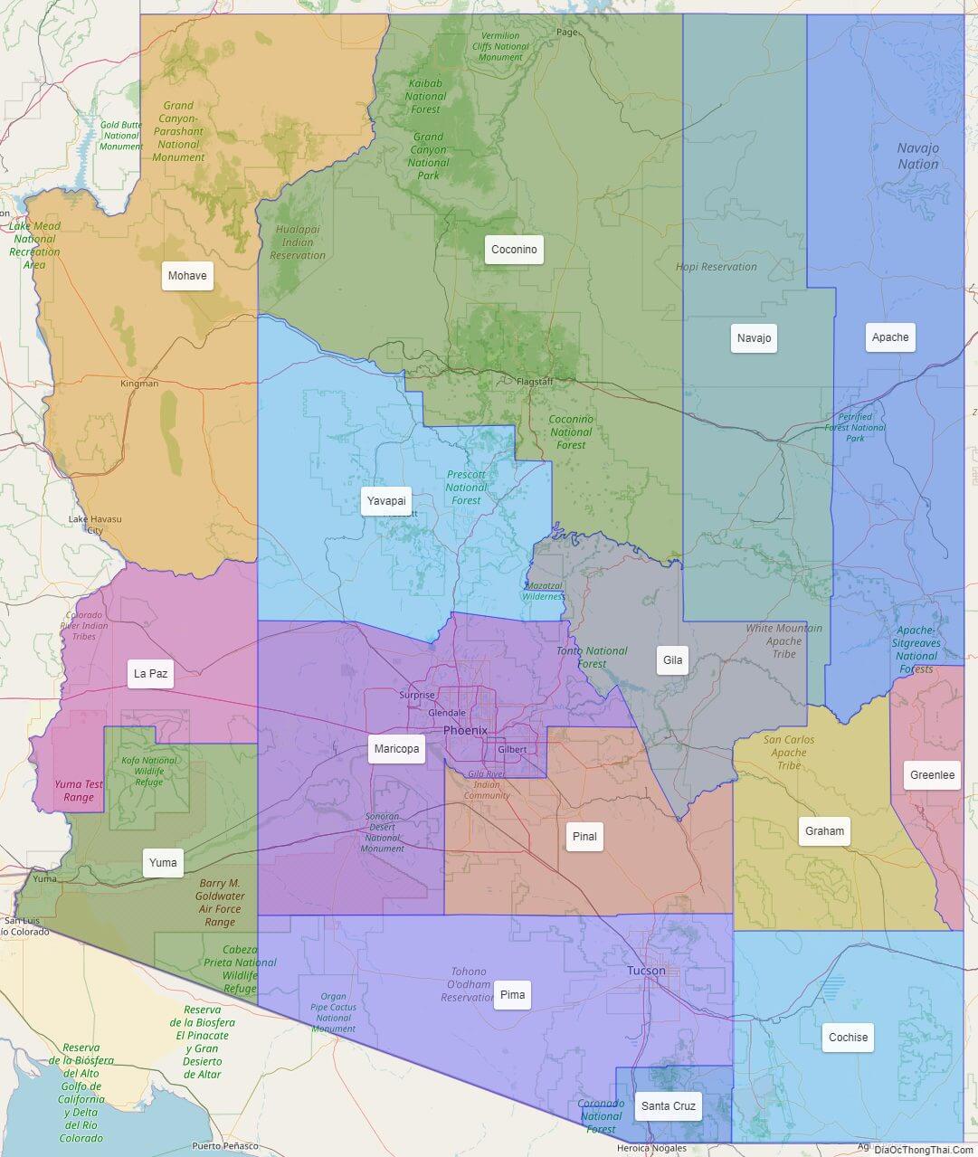Arizona County Map with County Names
