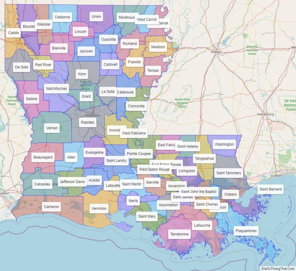 Detailed large political map of Louisianashowing cities, towns, counties, roads, US highways and State routes.