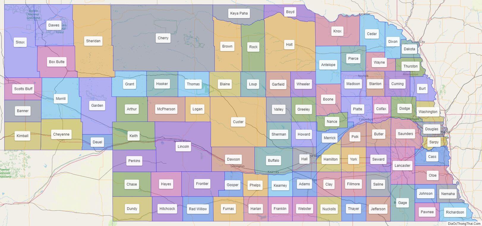 Nebraska County Map with County Names