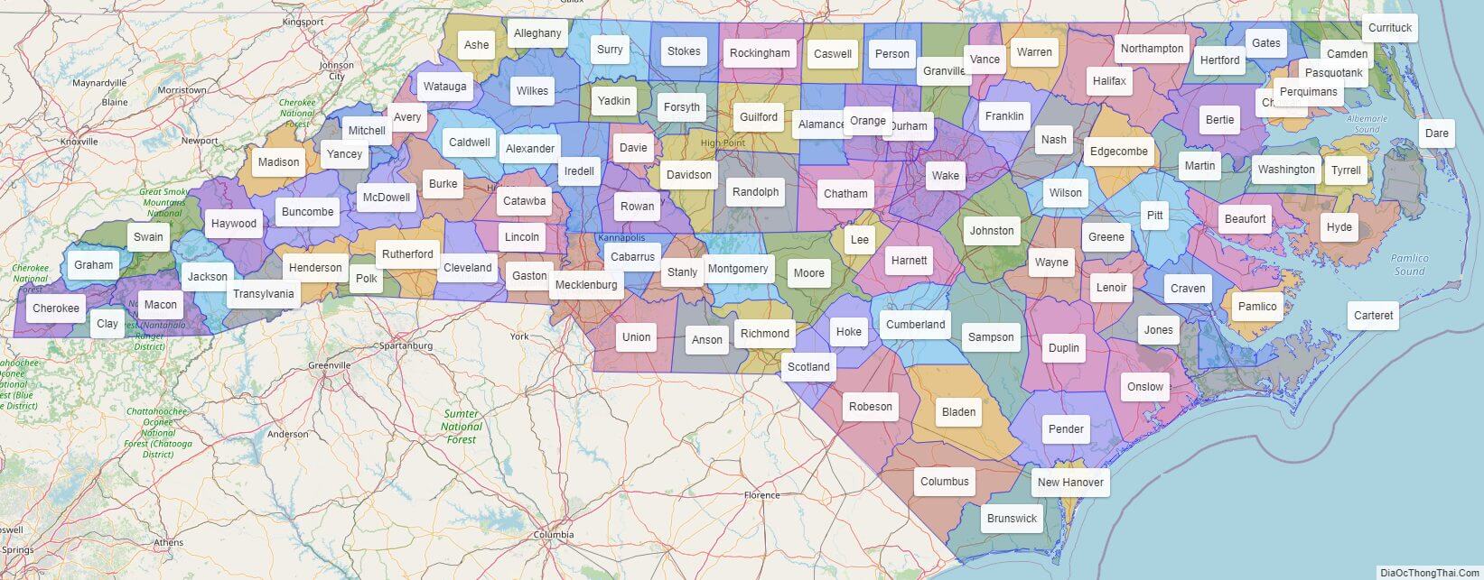 North Carolina County Map with County Names