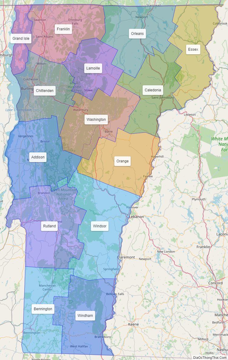 Bản đồ các quận thuộc bang Vermont