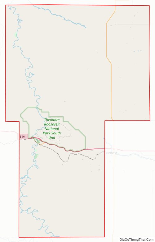 Street map of Billings County, North Dakota