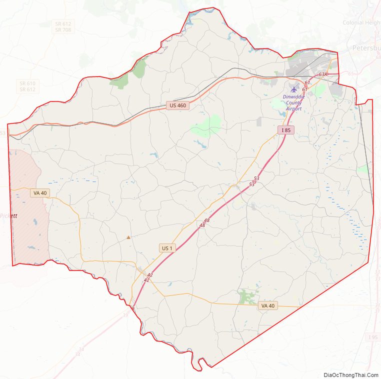 Street map of Dinwiddie County, Virginia