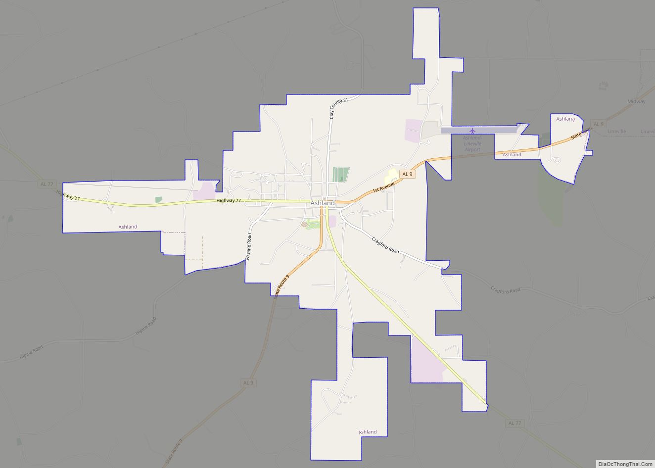 Map of Ashland town, Alabama