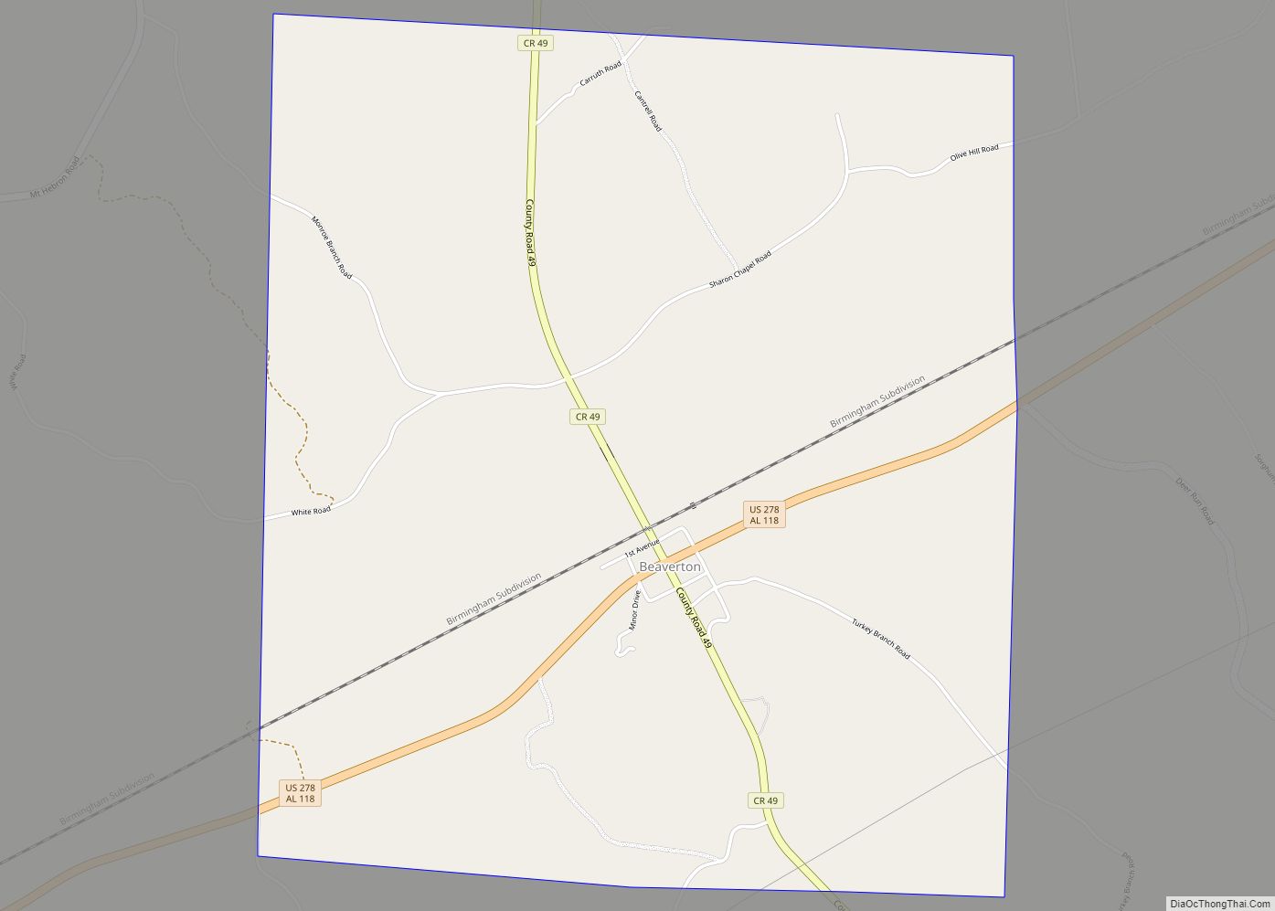 Map of Beaverton town, Alabama