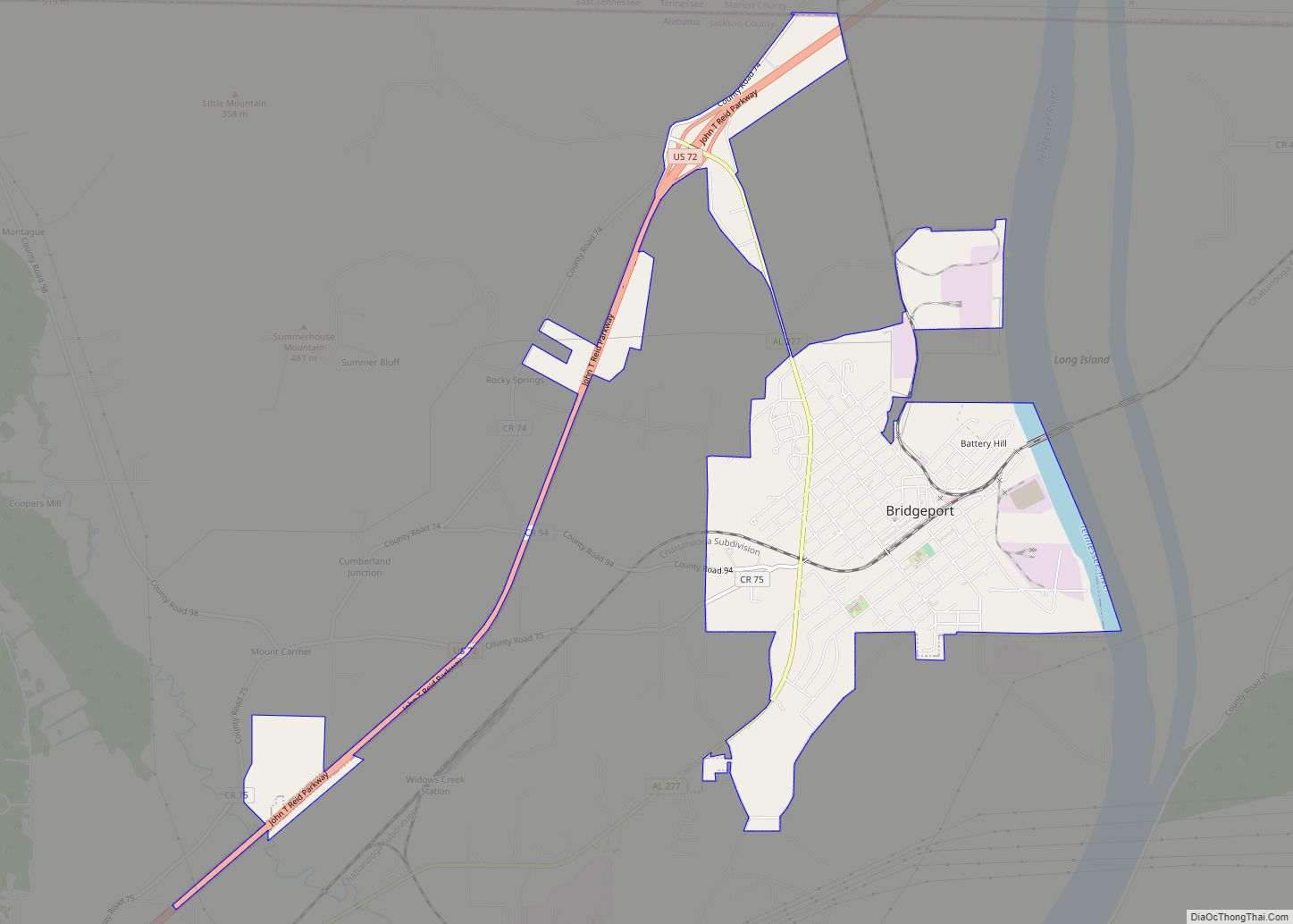 Map of Bridgeport city, Alabama