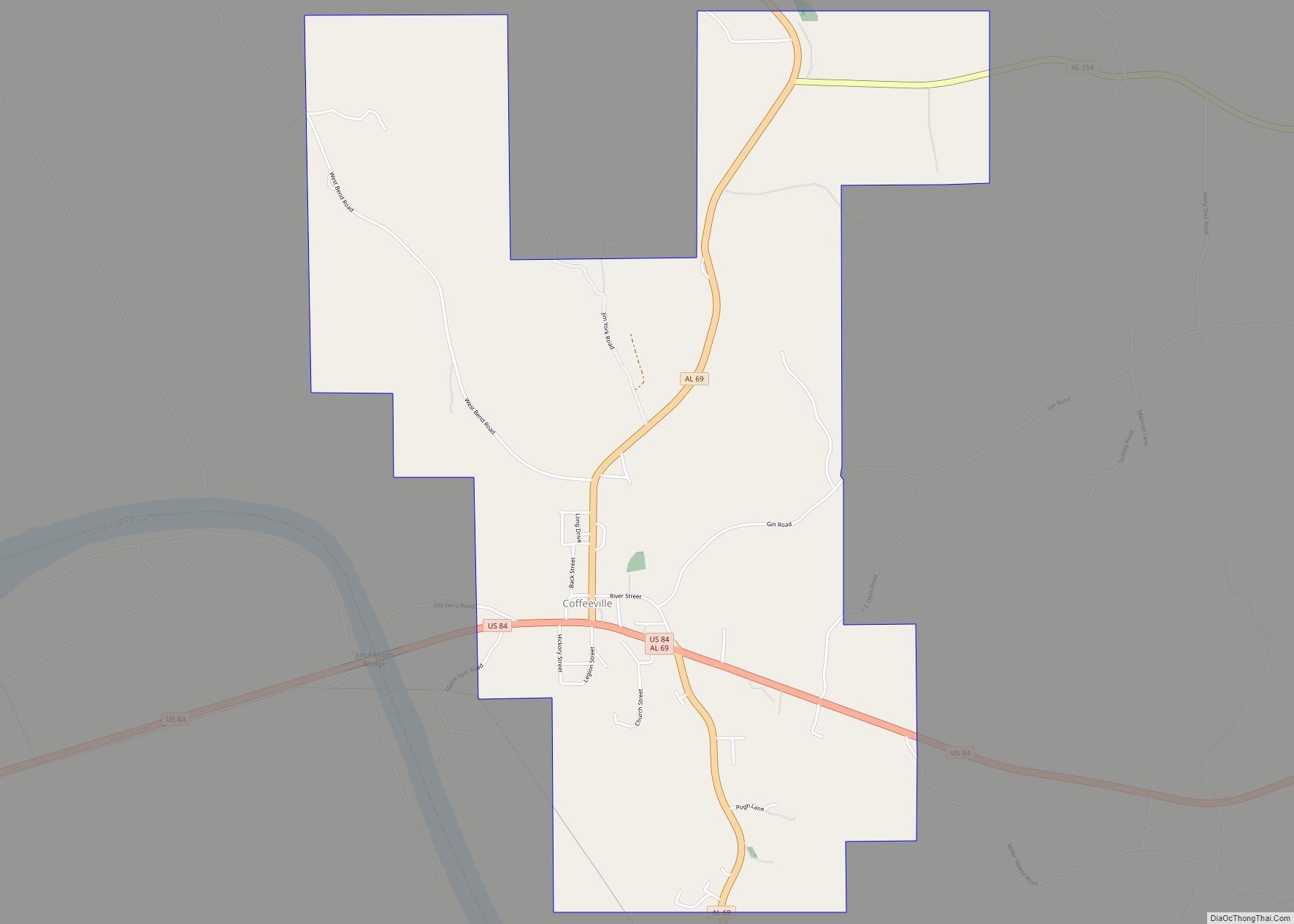 Map of Coffeeville town, Alabama