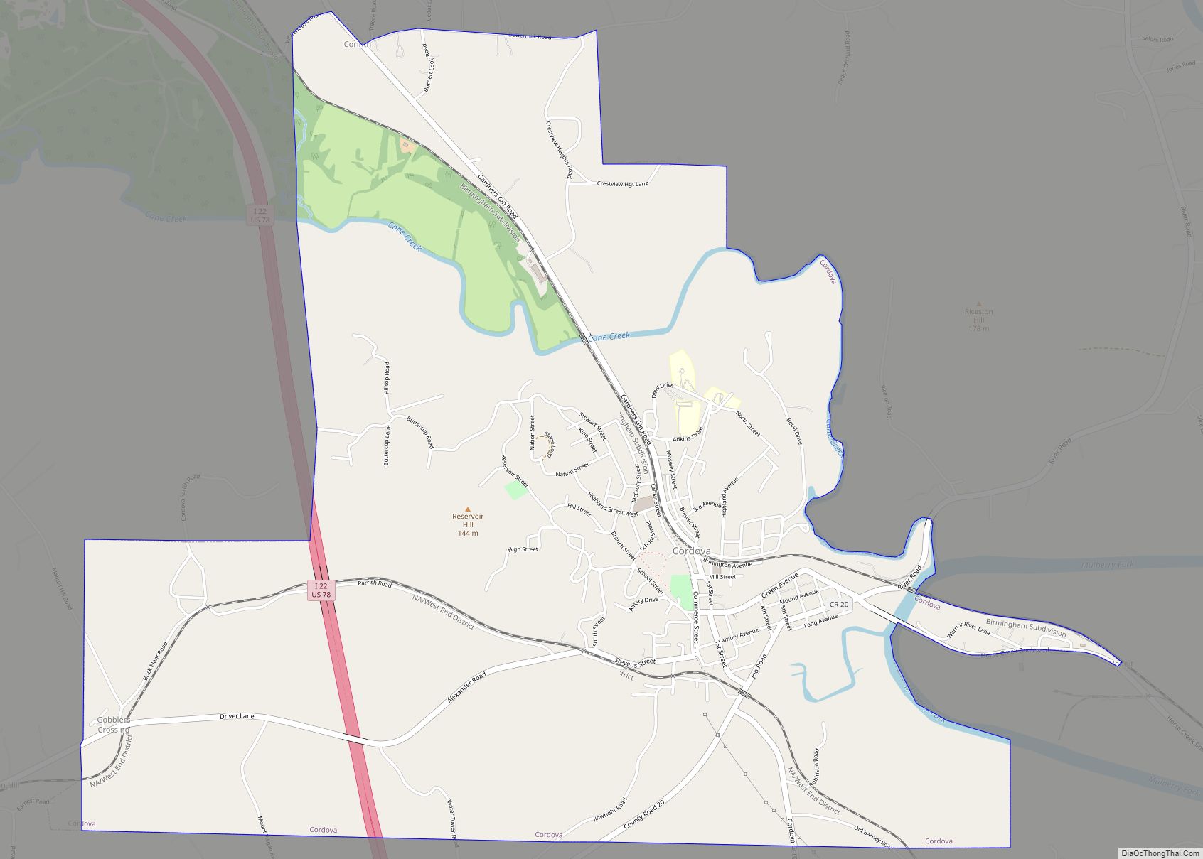 Map of Cordova city, Alabama