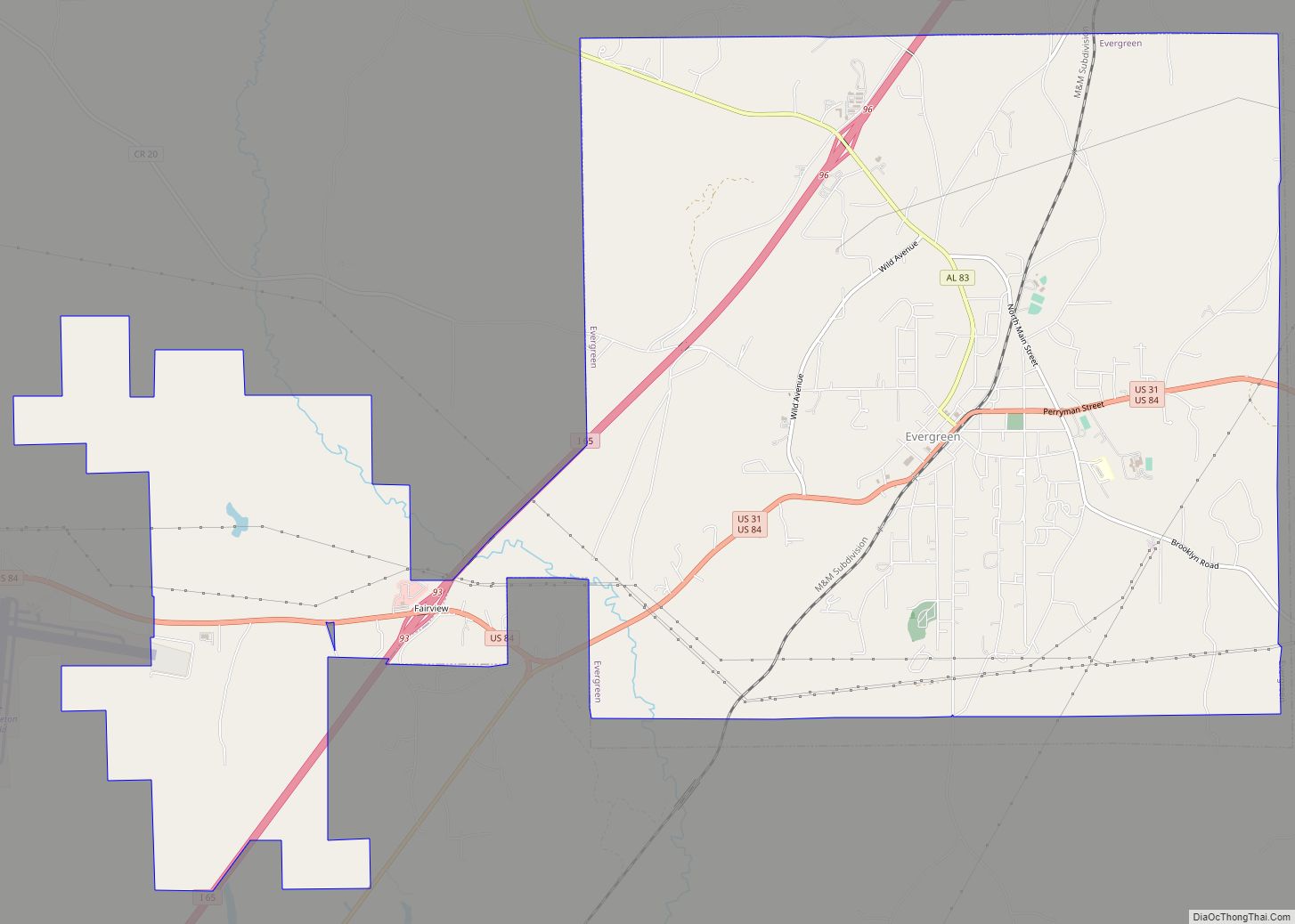 Map of Evergreen city, Alabama