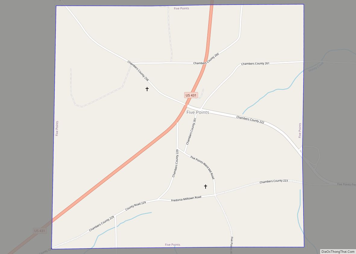 Map of Five Points town, Alabama