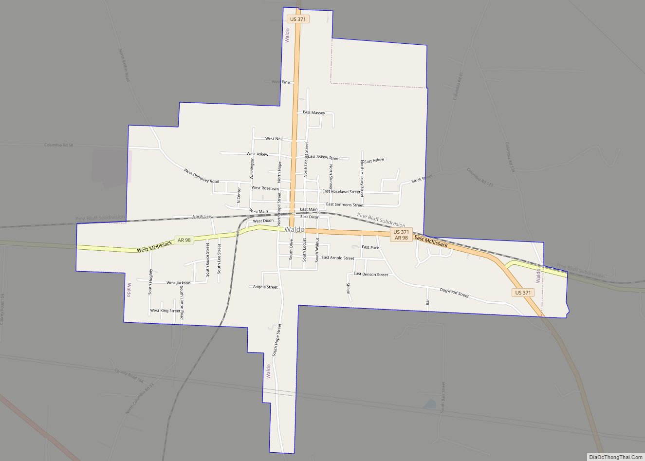 Map of Waldo city, Arkansas