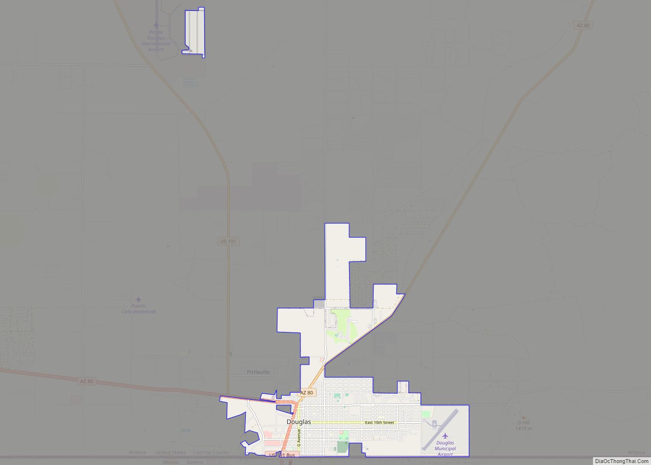 Map of Douglas city, Arizona