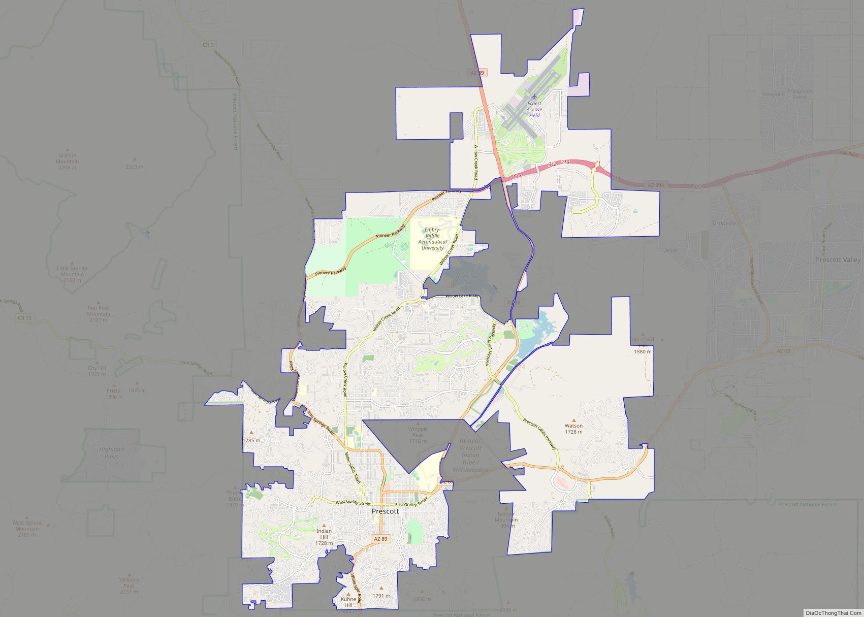 Map of Prescott city, Arizona