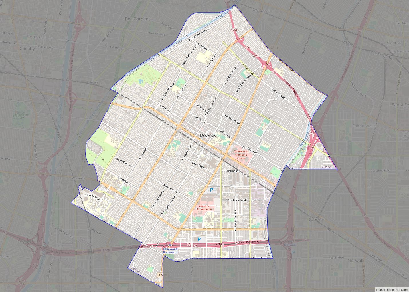 Map of Downey city