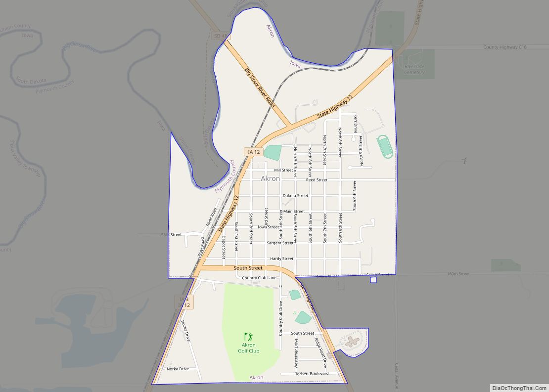 Map of Akron city, Iowa