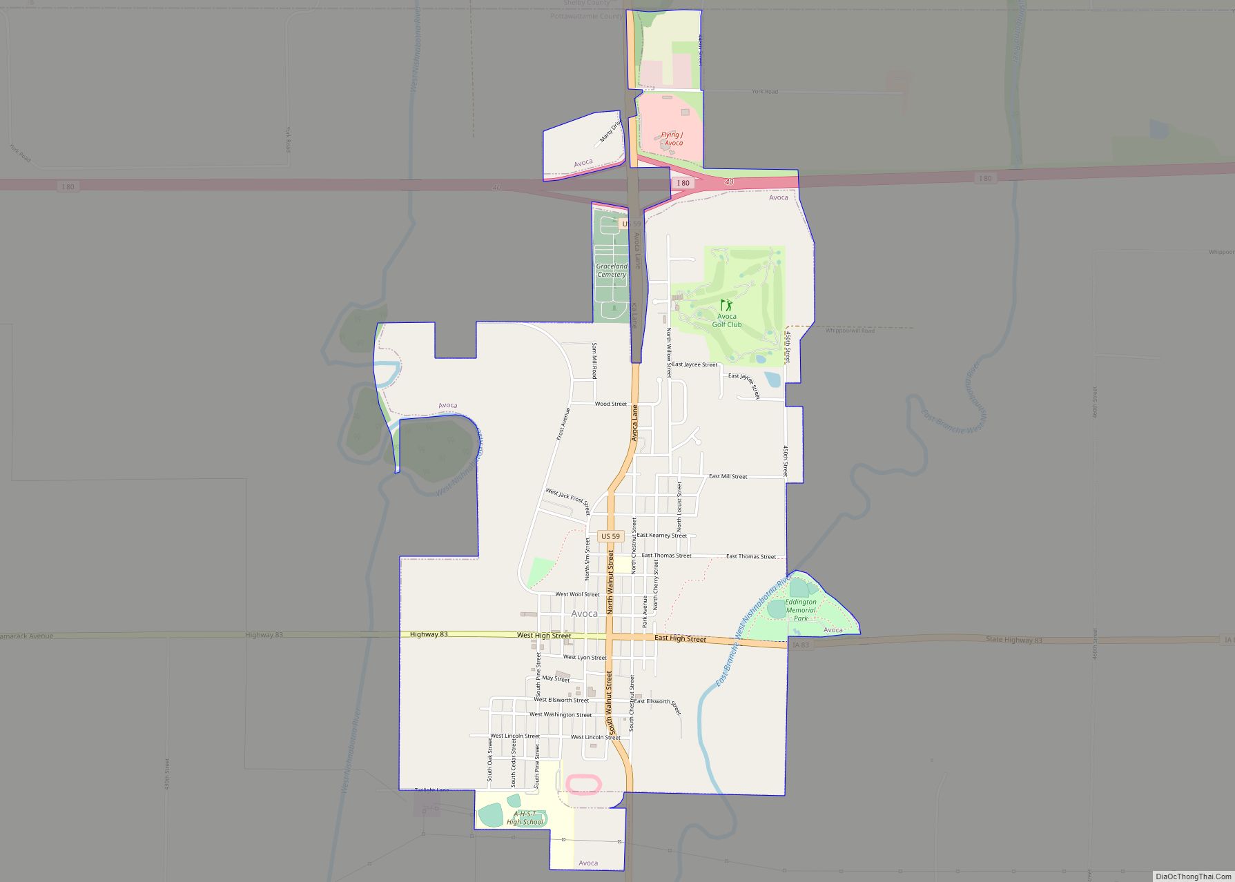 Map of Avoca city, Iowa