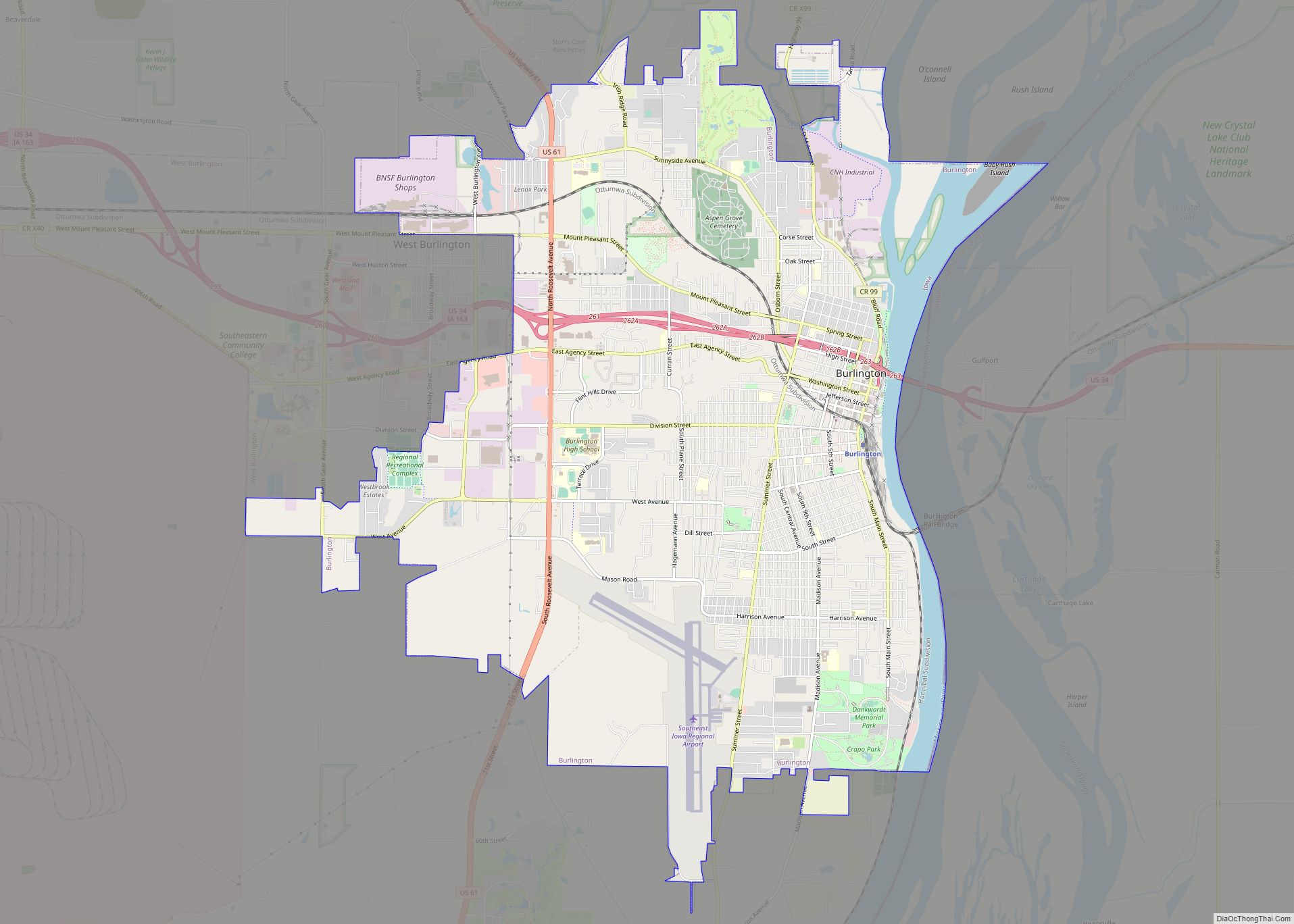 Map of Burlington city, Iowa