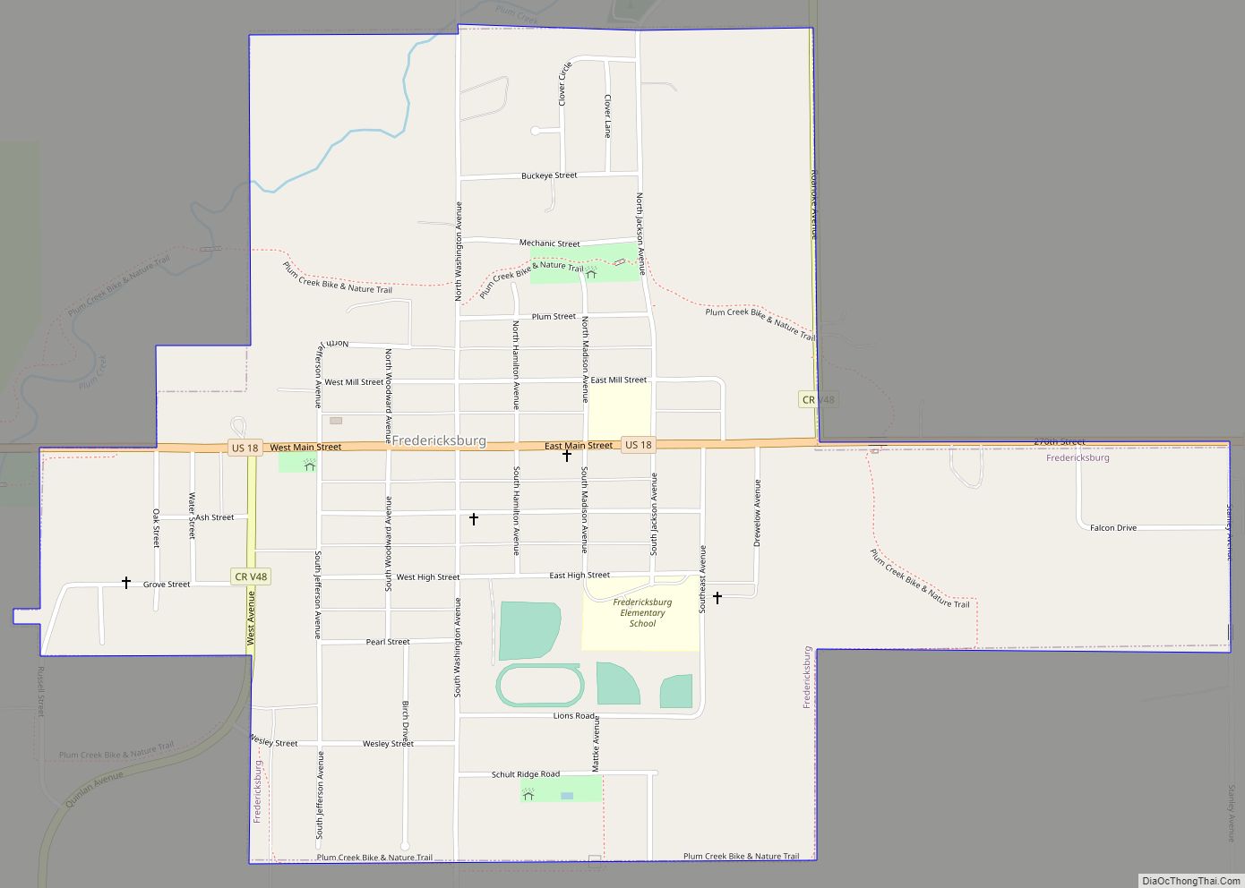 Map of Fredericksburg city, Iowa