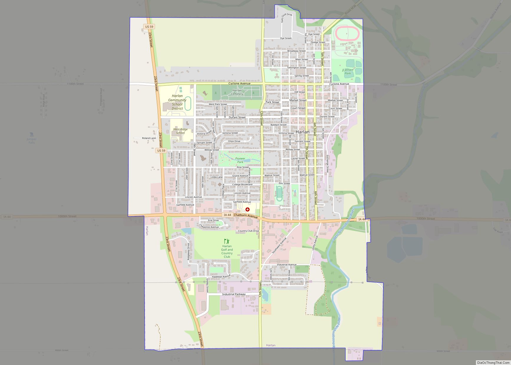 Map of Harlan city, Iowa