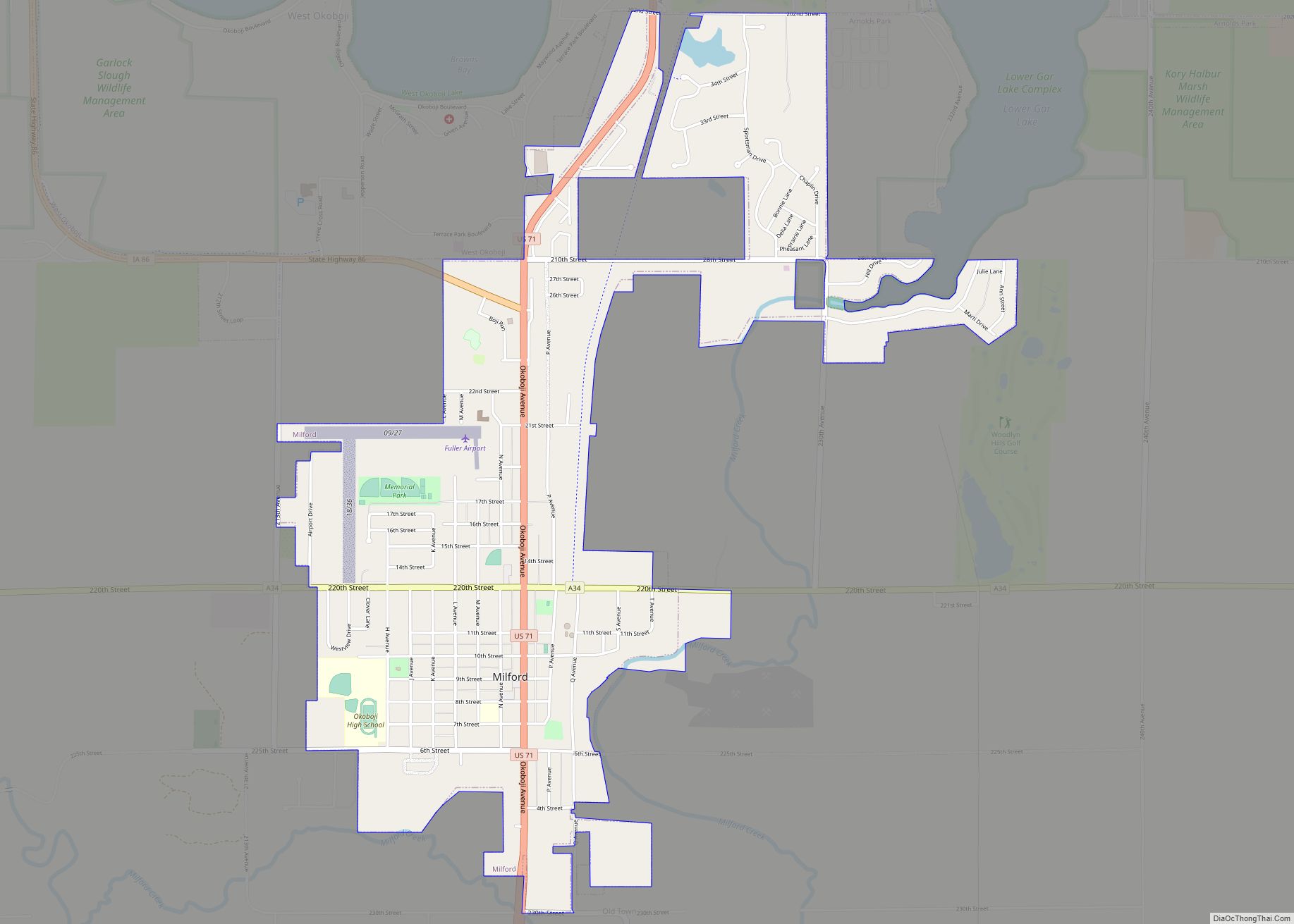 Map of Milford city, Iowa