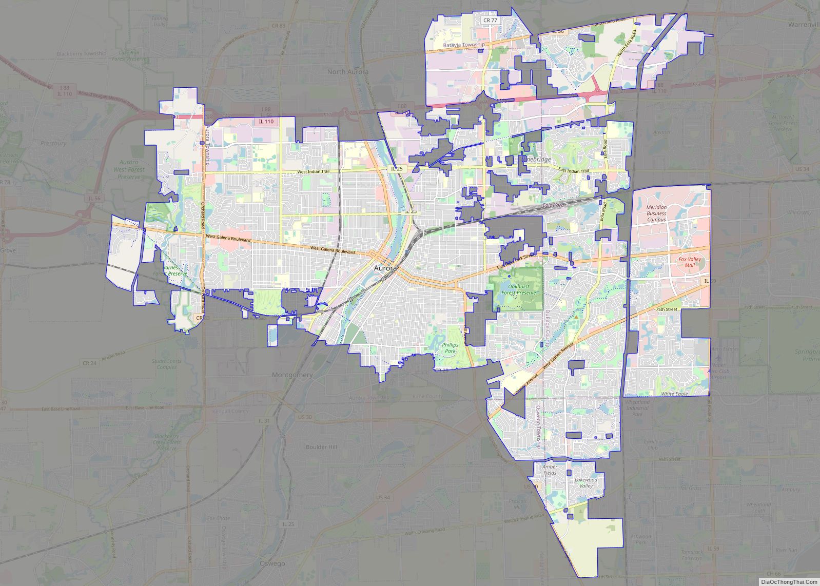 Map of Aurora city, Illinois