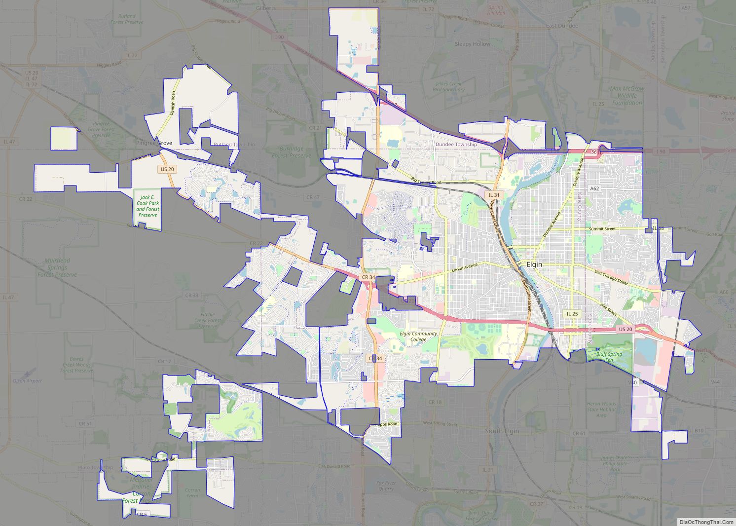Map of Elgin city, Illinois