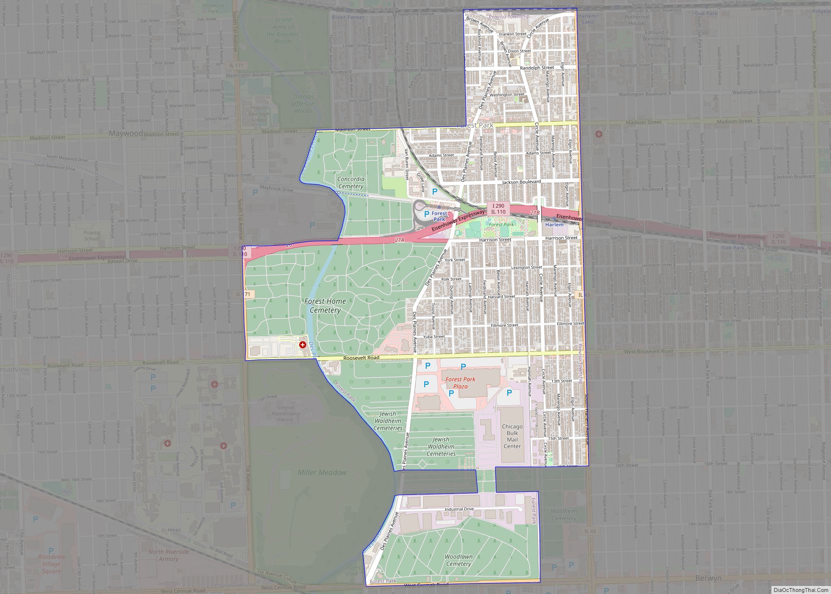 Map of Forest Park village, Illinois