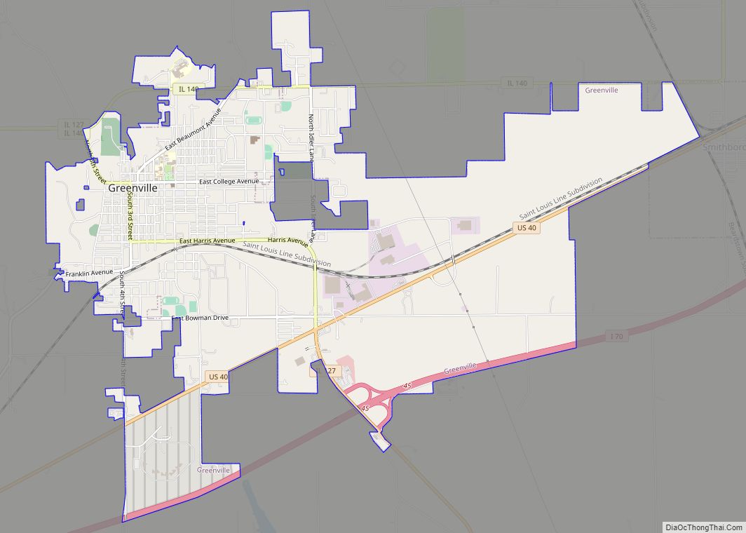 Map of Greenville city, Illinois